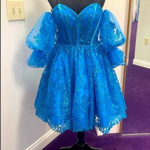 GLITTER PRINT SHORT PUFF SLEEVE A-LINE HOMECOMING PROM DRESS BY JULIET 895